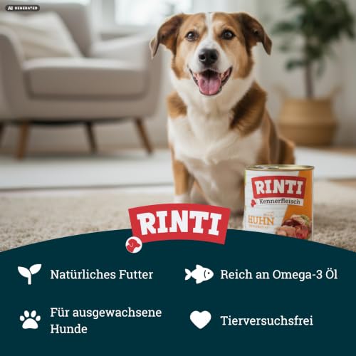 RINTI - Kennerfleisch | Nassfutter mit 70% Fleisch für ausgewachsene Hunde. Getreidefreies Alleinfutter in der Dose ohne Soja, Farb- und Konservierungsstoffe | 12x800g Huhn
