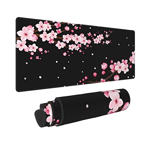 Pink Cherry Blossom Mouse Pad 31.5X11.8 Inch Black Japanese Anime Xl Large Gaming Extended Mousepad Big Desk Pad Stitched Edges Rubber Keyboard Mat For Office Desktop #TOP19