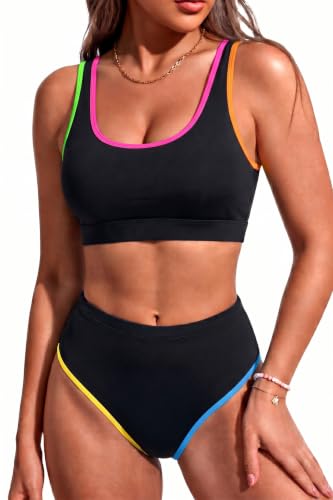 Image of Sporty Bikini Set Two Piece High Waisted Swimsuit Athletic Bathing Suit | Sporty,High Waisted Bottom,U-back,Removable Cups,Athletic,Quick Dry