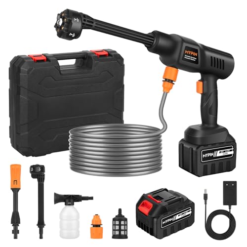 Hidrolimpiadora de Alta Presion, Lavadora de presión inalámbrica, 600 PSI 21V, 6 en 1 Boquilla Multiusos y 180° Boquilla Giratoria, Hidrolimpiadora a Batería para Limpiar Coche, Terraza, Jardín