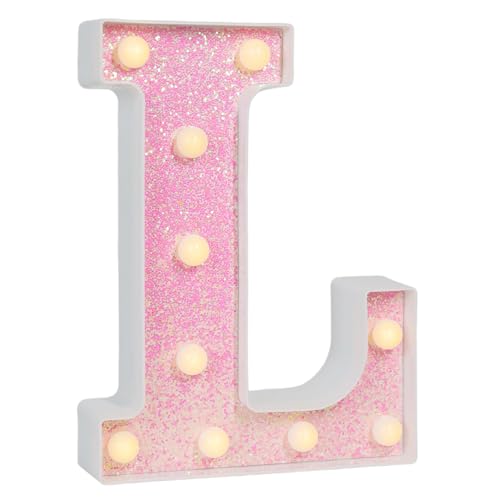 Image of Pink Glitter Marquee Light Up Letters, Battery Operated LED Letter Lights Signs for Pink Birthday Party Table Decorations, Wall Decor for Girls Bedroom, Initial Letter L with Warm White Lights
