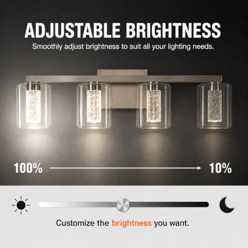 Image of 4-Light LED Vanity Light Fixtures for Bathroom,Electroplated Nickel | Bathroom Light Fixtures Over Mirror, 3 Color Lighting, Crystal Bubble Glass & Clear Glass Shade, Modern Vanity Light