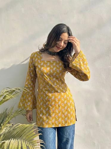 Image of ANNI Designer Women's Viscose Blend Printed Short Kurti | Straight Fit Casual Ethnic Top | Square Neck Full Sleeve Kurta Office College