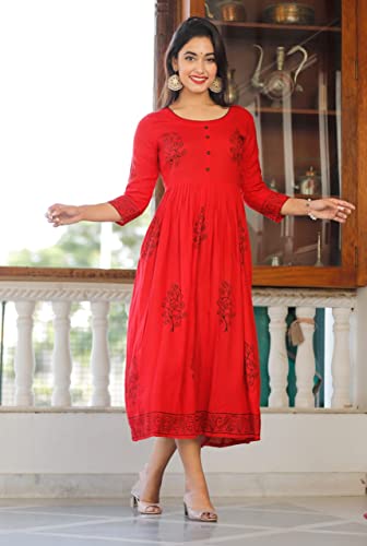 Image of TARANJAL Women's Rayon Anarkali Hand Block Printed Kurti