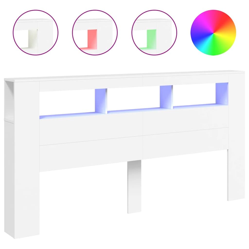 Willood Cabecero con LED, Cabecera con Almacenaje, Cabezal de Cama, Cabecero para Dormitorio, Madera de Ingeniería Blanco 200x18,5x103,5 cm