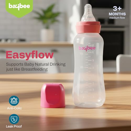 Image of Baybee Natura Flow Milk Bottle for New Born Babies | Uniquely Designed Breast Mimic Soft & Flexible Nipples | Advanced Anti-Colic Breast Like Nipple Baby Bottle Natural and Easy Latch (Pink, 125 Ml)