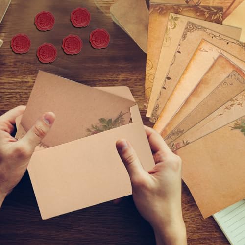 EUIEUT 16 Stück Briefpapier B5 Vintage Briefpapier mit Umschlag Set Schreibpapier Kraftpapier Briefumschläge Retro Briefschreibset Letter Paper mit 16 Wachssiegel Aufkleber 16 Kraft Briefumschläge