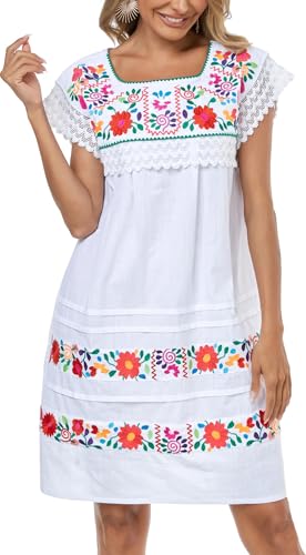 YZXDORWJ Women's Mexican Dress Peasant Embroidered Floral Linen Dresses Summer Mini Lace Short Sleeve Bohemian Dress (M, 523W)