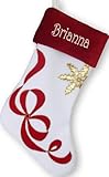 Velvet White Body/Red Cuff Ribbon Snowflake Christmas Stocking - Custom Embroidered Personalized with Your Name