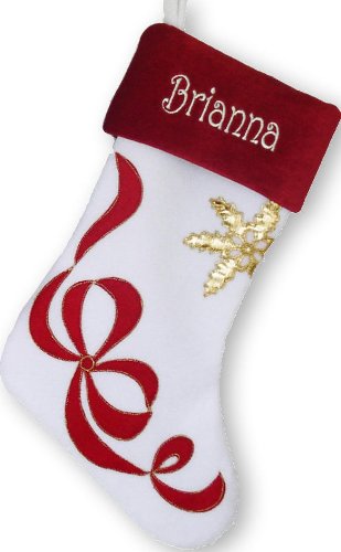 Velvet White Body/Red Cuff Ribbon Snowflake Christmas Stocking - Custom Embroidered Personalized with Your Name