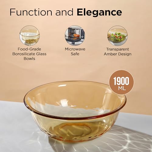 Image of The Better Home Set of 2 Borosilicate Glass Bowls | 1900 ml Each | Microwave Safe | Scratch Resistant | Serving & Mixing Bowls for Kitchen | Round | Transparent | Amber