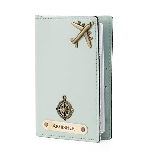 Image of AICA Personalised Name & Charm Leather Passport Cover Holder for Men & Women (Mintgreen)|Gifts for Woman | Gift for Man |Passport Cover for Men| Diwali Gifts for Family and Friends| Travel Accessories