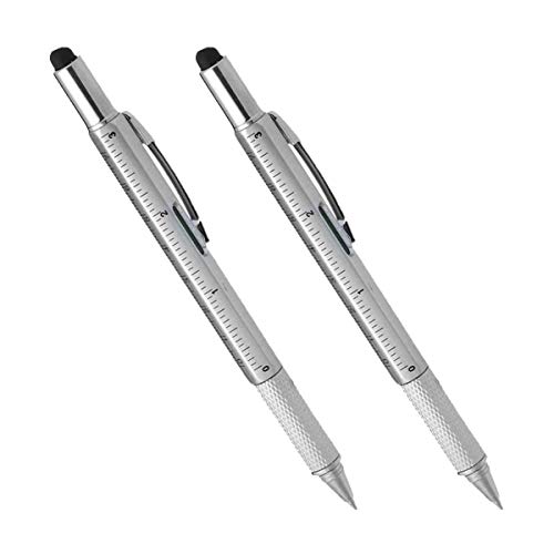 Multi-word 6 in 1 Multi Function Tool Ballpoint Pen with Ballpoint, Ruler, Screwdriver, A Flat Head, Touch-Screen Pen, Levelgauge (2PCS Silver)