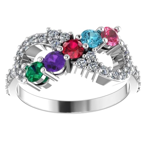 Central Diamond Center Infinity Mothers Ring with 1 to 6 Simulated Birthstones - 14K Gold - 1 to 5 Birthstones - Size 8.5