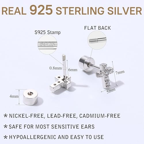 925 Sterling Silver Flat Back Studs Screw Back Earrings White Gold Plated CZ Heart Cross Lightning Snake Butterfly Tragus Helix Nap Flatback Stud Earrings Piercing Earring for Women2