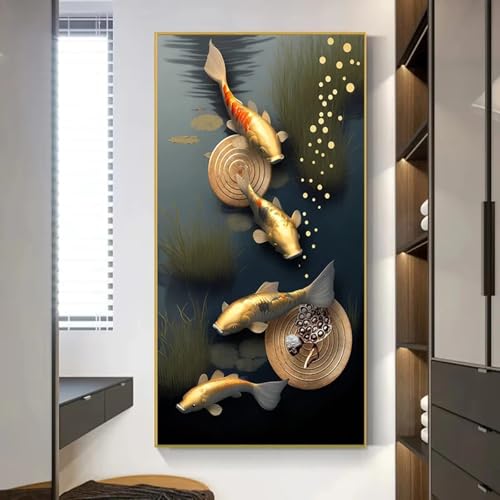 Peinture à l'huile carpe koï dorée Feng Shui sur toile avec cadre 60x120 cm