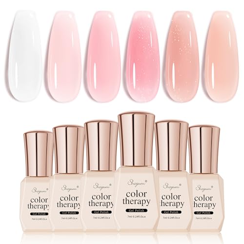 SHOYUM Icy Jelly Nude Pink Gel Nail Polish Set of 6 Transparent Milky White Colors Sheer Gel Polish x Kit for Salon Manicure and Nail Art DIY at Home