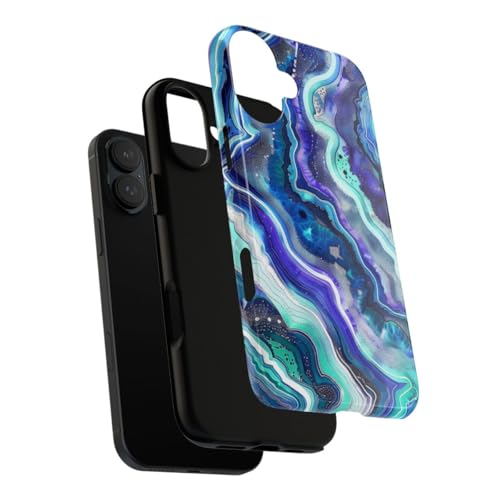 Coque iPhone 16 Plus rigide et brillante motif tourbillon géode bleu