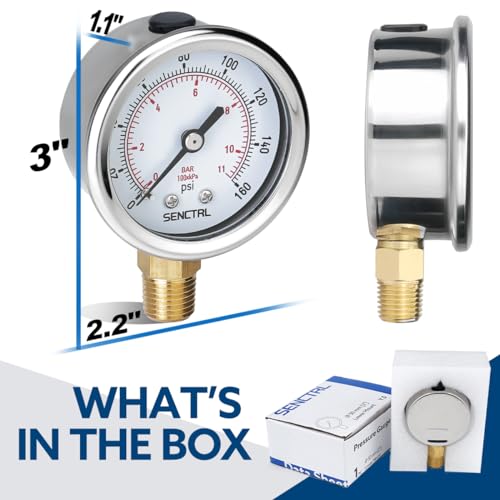 SENCTRL 0-160 Psi Pressure Gauge, 2" Dial, 1/4 NPT Lower Mount, Waterproof, Stainless Steel Case, for Pneumatic Regulator Air Compressor RV Regulator Water Tire Pressure Test