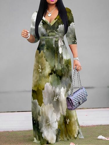 Image of Plus Size Dresses for Women Floral Print Maxi Dress Flowy 3 /4 Sleeve with Belt