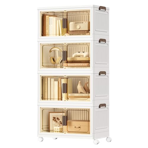 SONGMICS Boîte de Rangement, Organisateur à 4 Niveaux avec 1 Couvercle, Empilable, sur Roulettes, Plastique, Double Porte Magnétique, Blanc, 55 L par...