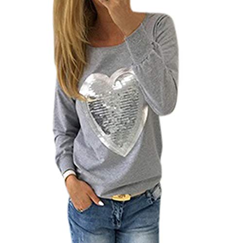 Caramelo de Mujer Fluorescente Cuello Redondo Manga Larga Corazón Camiseta de Lentejuelas...