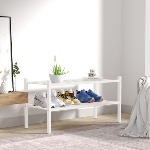 2 Tier Bamboo Shoe Rack for Closet Free Standing Wood Shoe Shelf for Entryway Small Space Stackable 27"x11"x13" (White)