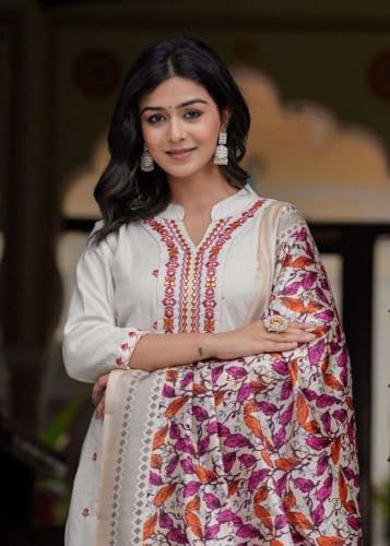 Image of Women's Cotton Embroidered Straight Kurti With Pant and Dupatta Set