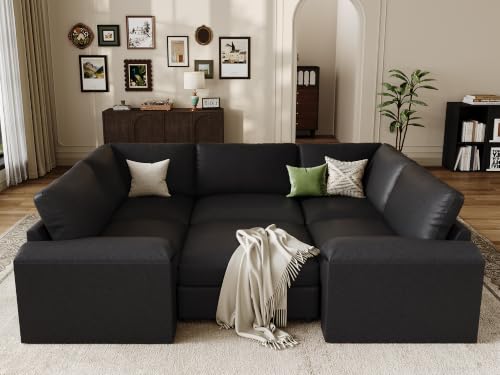 Image of EASE MOOSE Leather Sectional Couch Sleeper, Modular Sofa Bed, Black