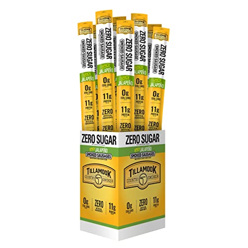 Tillamook Country Smoker Real Hardwood Smoked Sausages, Zero Sugar Spicy Jalapeno, Low Carb, High Protein, Ready To Eat Keto Snacks, Individually Wrapped, 1.25 Ounce, 24 Count