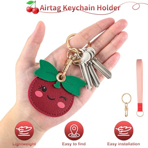 PSRAT Airtag Keychain Holder - Cute Kawaii Faux Leather Case 3-in-1 with Hidden Keychain Cover, Detachable Wrist Strap & Anti-Loss Hand Band, Anti-Scratch Protective Case for Airtag (cherry) - image 3