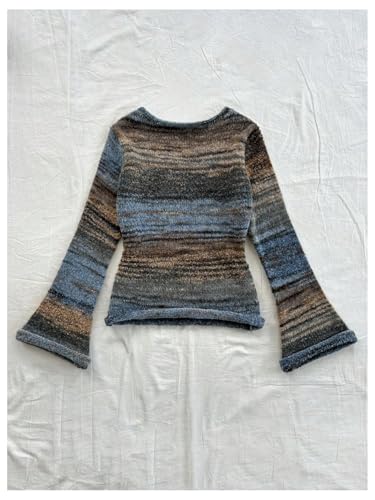 Image of BEAUDRM Women's Colorful Stripe Sweaters Crew Neck Bell Long Sleeve Knitted Pullover Tops Multicolor Small