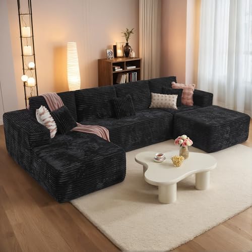 Image of HOOOWOOO Cloud Sectional Couches for Living Room,Modular Sectional Sofa No Assembly,133X70 Inch Plush Corduroy Large U Shaped Floor Couch Set with Deep Seat Chaise Ottoman(Black)