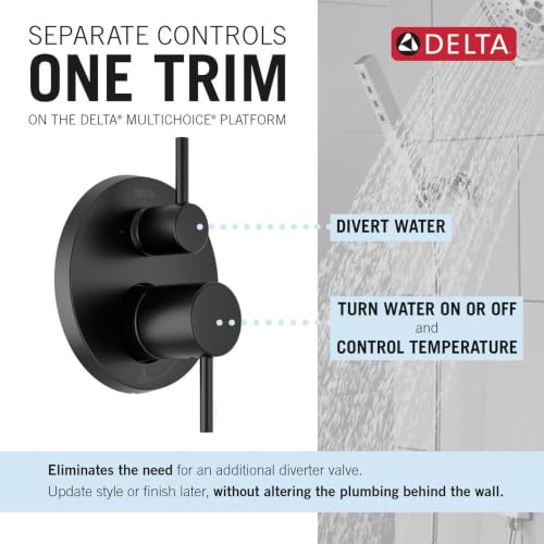 Image of Delta Modern Round Shower System Faucet Set, Matte Black 6-inch Shower Head and Handle Set, Valve Trim Kit, Matte Black T342704-BL (Valve Not Included)