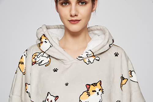 iyoimono Hoodie Decke für Damen Flanell Fleece Pullover Sweatshirt Decke Flauschige Sherpa TV-Decke mit Ärmeln Übergroße Kapuzen Pullover Kuscheldecke Einheitsgröße(Graue Katze)