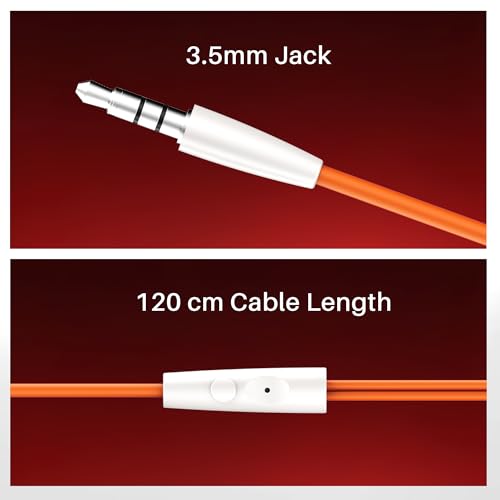 Image of boAt Bassheads 211 Wired Earphones with 10mm Drivers, Signature Sound, in-Line Microphone, 3.5mm Jack, Voice Assistant & 120cm Cables (Off White Orange)