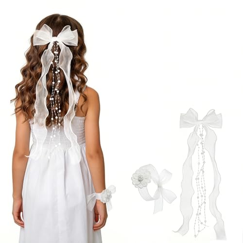Generisch Kommunion Haarschmuck Mädchen Weiße Schleife mit Perlen und Organza-Bändern Kopfschmuck Erstkommunion Blumenmädchen Haarband für Hochzeit Geburtstag Festtag