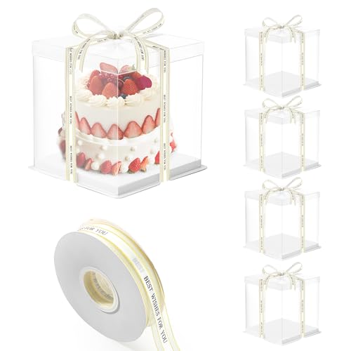 AZKEEGREY 4 Pack Clear Cake Box 8 inch Tall Cake Packaging Boxes 32 x 26 x 26 cm Transparent Cake Gift Box with Lid and Ribbon for Bakery, Wedding Birthday Party