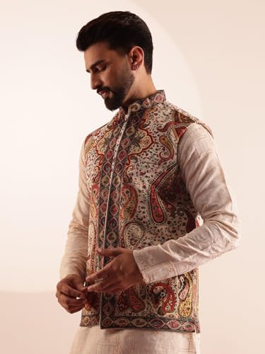 Image of SOJANYA Men's Cotton Silk Cream Kurta & White Pyjama With Velvet Paisley Design Nehru Jacket