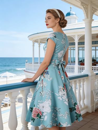 Kingfancy Women Vintage 1950s Dress Retro Cocktail Party Swing Dresses with Cap Sleeves