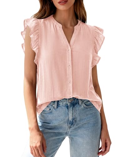 Zenlonr Womens Short Ruffle Sleeve Shirts V Neck Button Down Shirt Solid Color Going Out Spring Tops(Pink,Large)