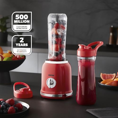 GEEPAS Personal Blender 2 Speed Smoothie Milkshake Maker with Pulse Function - Mini Travel Blender for Protein Shakes with 2 Easy to Clean BPA Free Tritan Sports Bottles 0.6L, 300W, Red