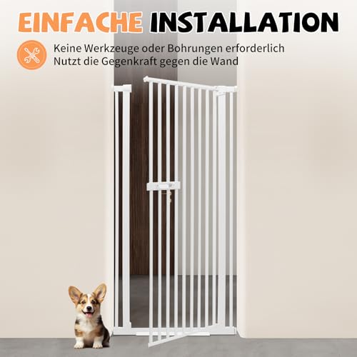DunleyMin Schutzgitter für Haustiere Extra Hoch, Haustiergitter Extra Hoch mit Doppelverriegelung, 180° Türöffnung, Automatische Türschließung, Ohne Bohren (Weiß)