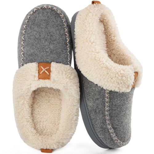 LongBay Womens Felt Sherpa Bedroom Slippers Warm Cozy Wool-Like Moccasin Slippers for Indoor Outdoor Winter Memory Foam House Shoes Slip-On with Fuzzy Plush Lining