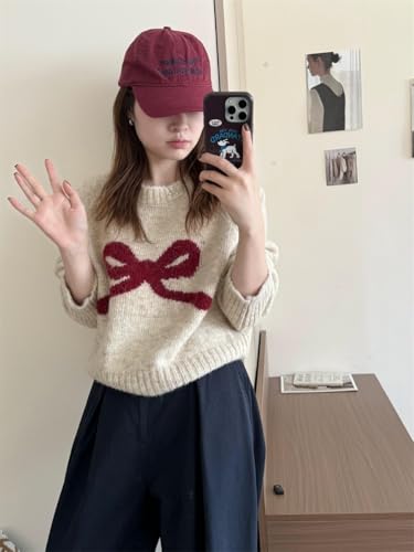 Image of Women's Y2K Bow Print Cropped Sweater Casual Loose Fit Pullover Tops Long Sleeve Crew Neck Chunky Knit Jumpers