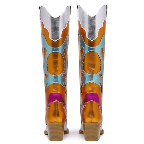 Colorful Wide Calf Embroider Cowboy Boots for Women Pointed Toe Slip On Stacked Heel Evening Party Wedding Bridal Clubwear Classic Floral Knee High Country Cowgirl Boots2