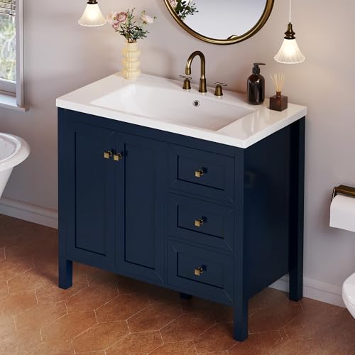 DWVO 36 Inch Bathroom Vanity with Sink Combo, Modern Bathroom Storage Cabinet with Resin Basin, Three Holes, 2 Doors & 3 Drawers, Navy Blue