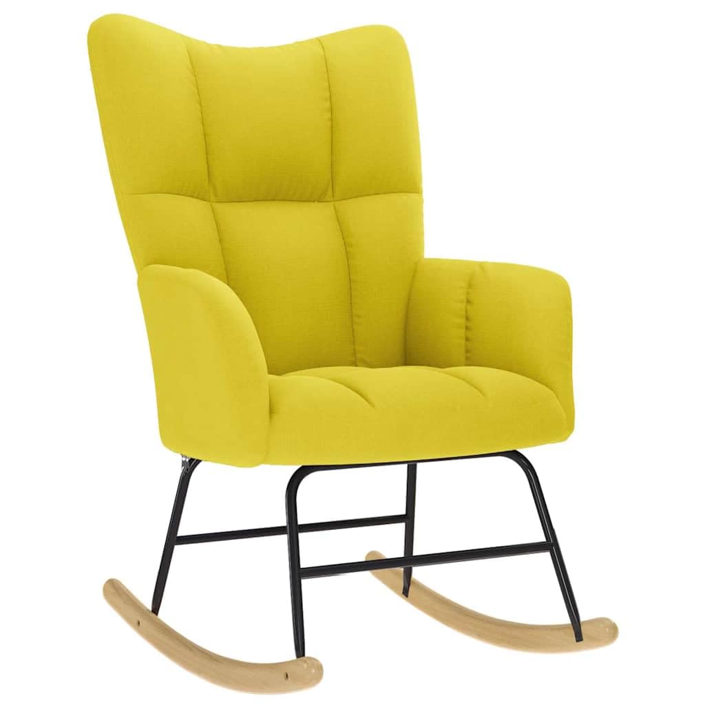 Mecedora con reposapiés de tela amarillo claro, cómodo sillón tapizado con asiento y respaldo acolchados gruesos, marco estable de madera y metal, movimiento suave de balanceo,