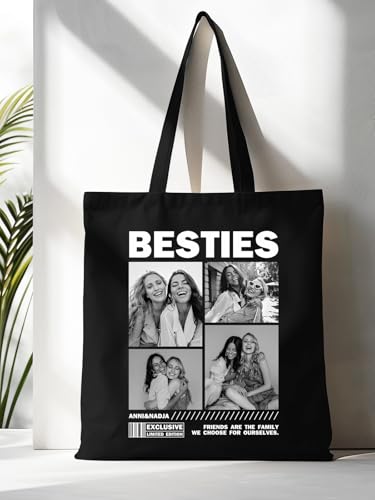 Herz & Heim® Personalisierter Stoffbeutel mit Fotos & Wunschtext – Magazin-Cover-Design – Schwarze Baumwolltasche mit Text & Bildern – Geschenk mit eigenen Fotos & Text