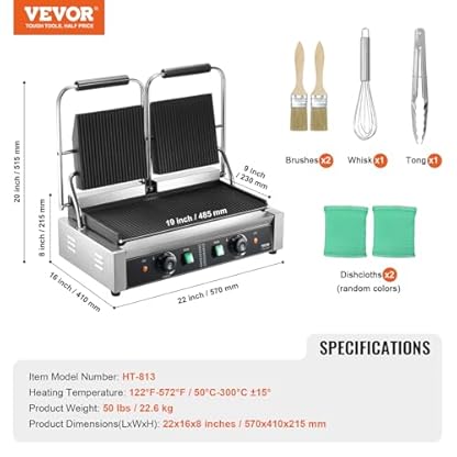 VEVOR Kommerzieller Piadine-Sandwichgrill, 3600 W, elektrische Doppel-Sandwichpresse für Panini aus Edelstahl, temperaturgesteuerte emaillierte Schlitzplatte, ca. 50 °C bis 300 °C Doppelgrill – Bild 8